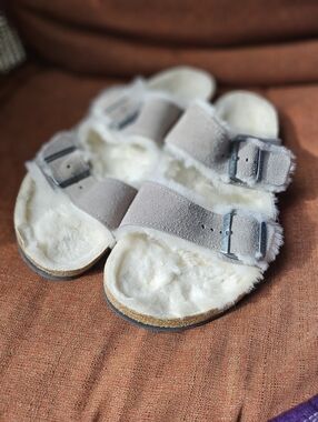 Birkenstock Arizona Slide Sandals Stone Coin Shearling Suede 44 (285) M11